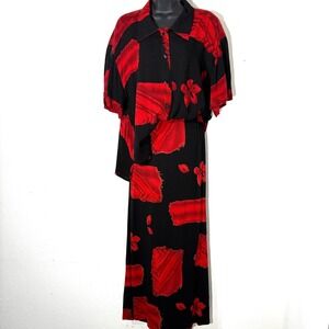 VTG 90s Women L Boho Dark Cottage Red Black Floral Print Top Maxi Skirt Set